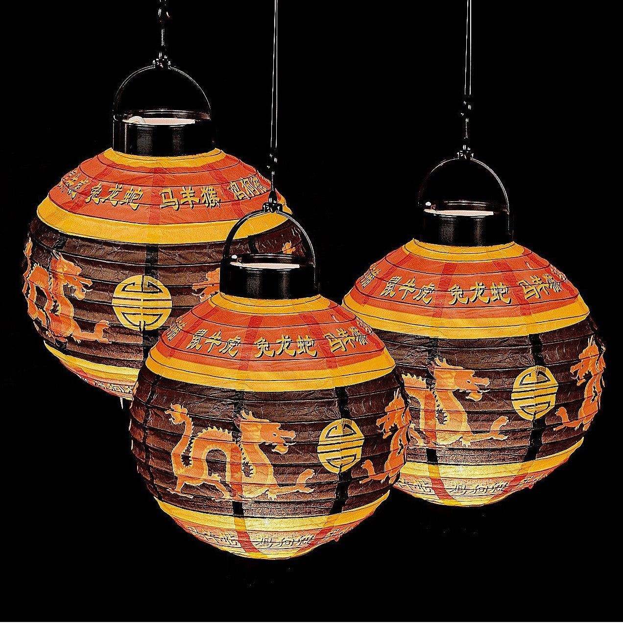 Three Light Up LED Red Chinese Paper Lanterns