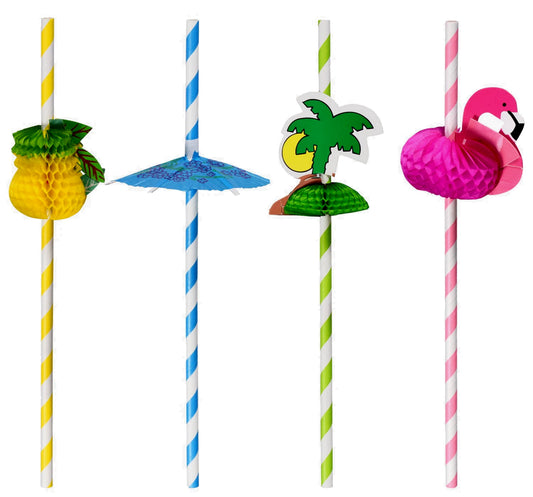 40 Assorted Paper Tiki Bar Drinking Straws - Luau Wedding Hawaiian Umbrella Flamingo Pineapple
