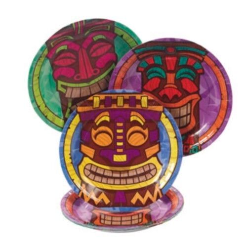8 Tropical Hawaiian Tiki Party Paper Plates - Luau Tiki Bar Supplies - Pool
