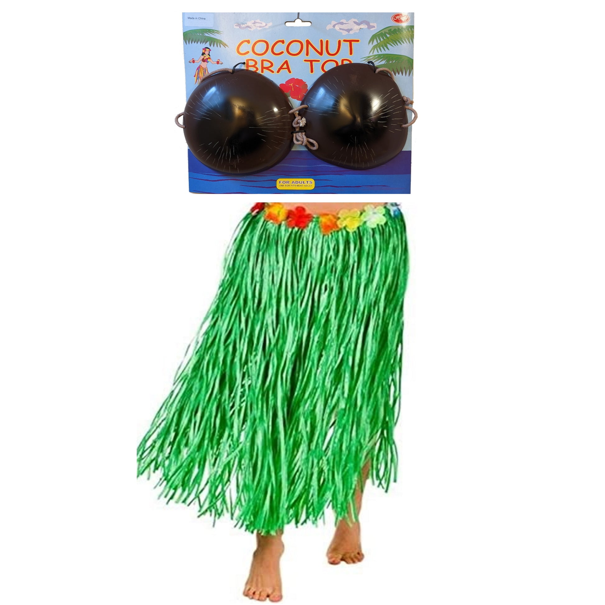  Hawaiian Grass Skirt Set Coconut Bra Top Green Adult