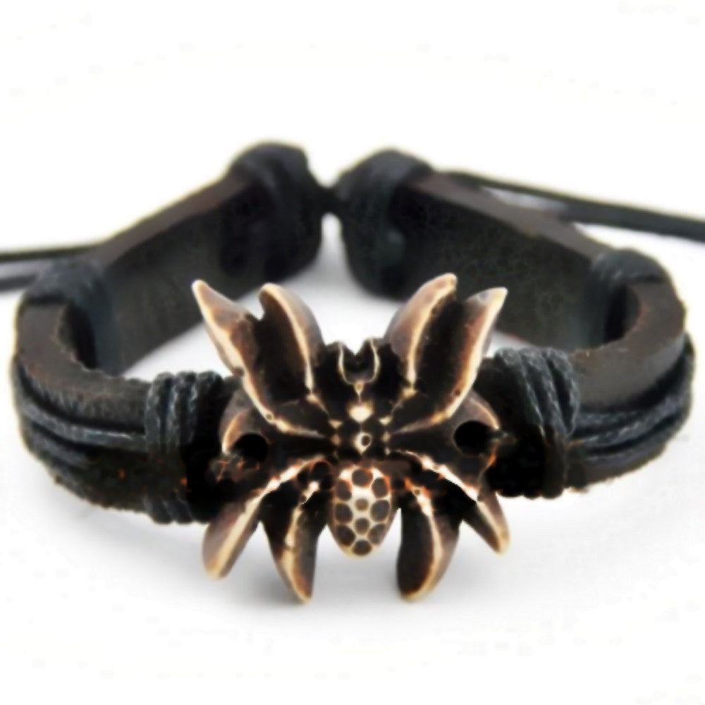 Carved Bone Spider Leather Bracelet